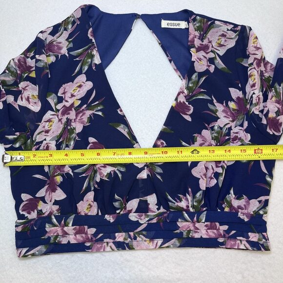 Essue crop top sheer flounce sleeve dark blue pink purple womens M - Picture 13 of 16